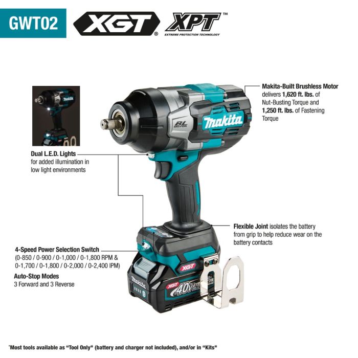 Makita GWT02D, 40V Max XGT 1/2" Impact Wrench Kit w/Friction Ring Anvil