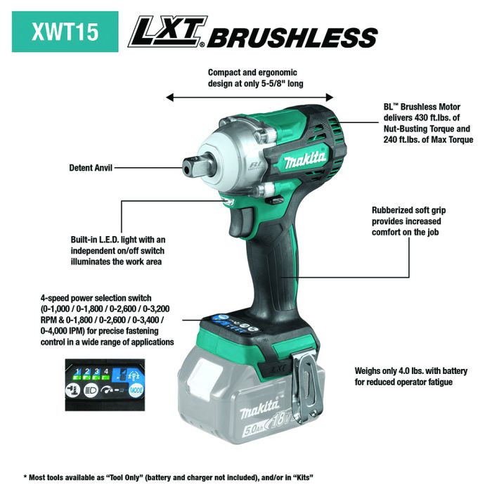 Makita XWT15Z LXT 1/2" 18V Cordless 4‑Speed Square Drive Impact Wrench with Detent Anvil, Bare Tool